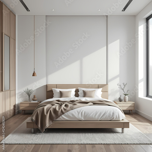 Modern minimalist bedroom interior design with wooden bed and neutral on transparent background home