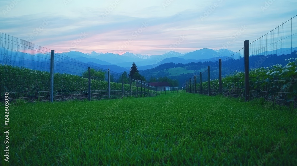 Obraz premium Serene Sunset Over Green Field and Distant Mountains
