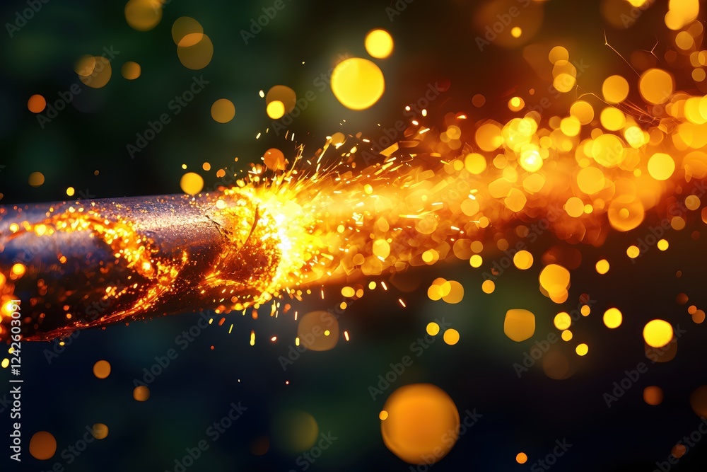 Obraz premium Fiery Sparks Trail from Metal Rod Glowing Brightly Against Dark Background