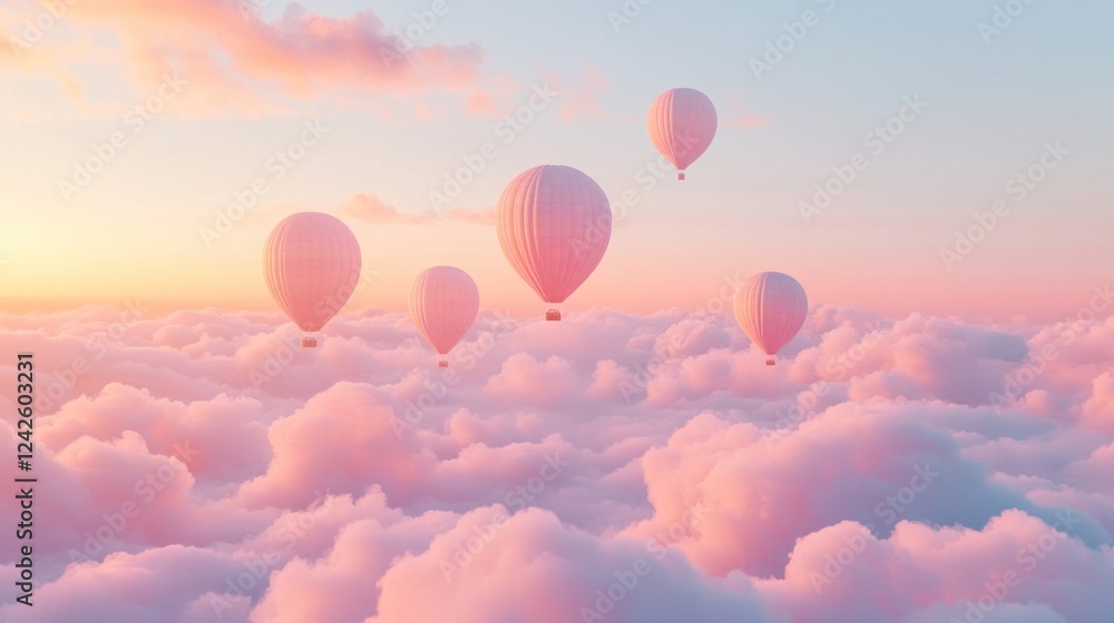 Obraz premium Pink hot air balloons soar above a dreamy sunset cloud landscape; idyllic travel poster