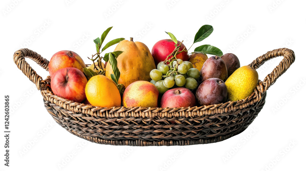 Assorted fruits in a wicker basket, showcasing a mix of apples, pears, mangoes, grapes, and plums, illuminated with natural light. The basket is light brown with a woven pattern. Assorted fruits in a wicker basket, showcasing a mix of apples, pears, mangoes, grapes, and plums, illuminated with natural light. The basket is light brown with a woven pattern.