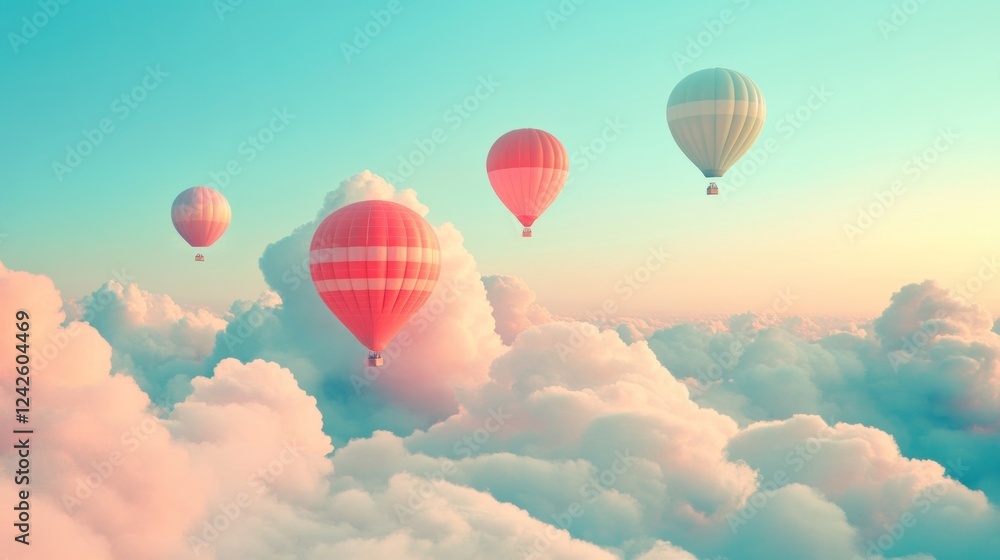 Obraz premium Hot air balloons soar above fluffy clouds at sunrise; idyllic travel scene