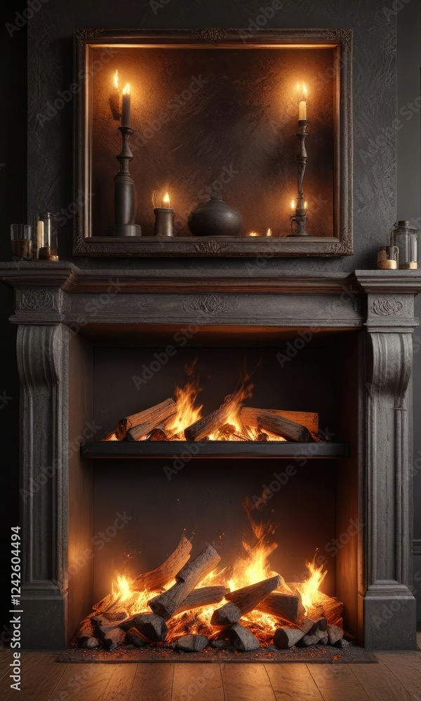 Warmly glowing embers in a decorative fireplace surround, interior design, rustic, flames Warmly glowing embers in a decorative fireplace surround, interior design, rustic, flames