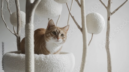 Orange tabby cat on minimalist tree cat condo, studio photo