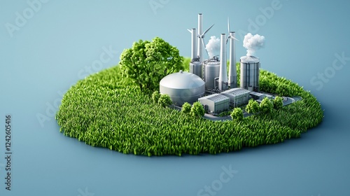 Isometric green tech 3D concept. A green landscape featuring eco-friendly factories, surrounded by lush vegetation, symbolizing sustainable energy and environmental protection.