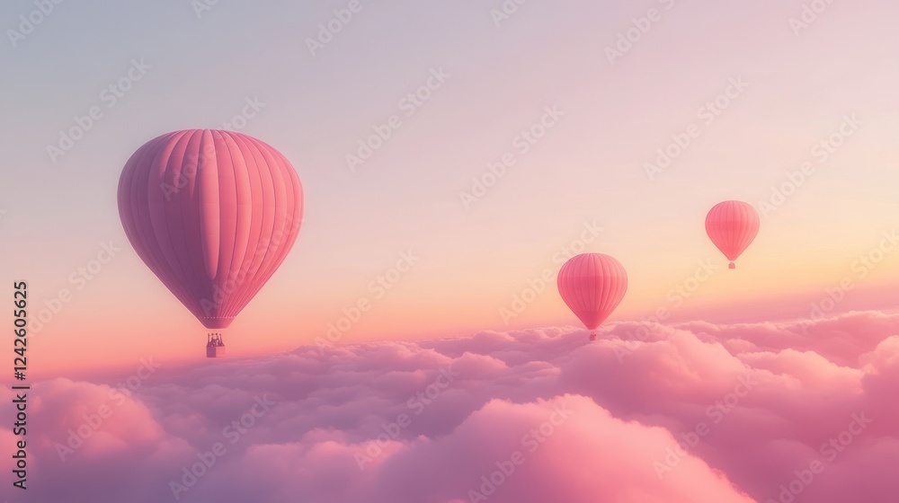 Fototapeta premium Pink hot air balloons soar above sunset cloudscape