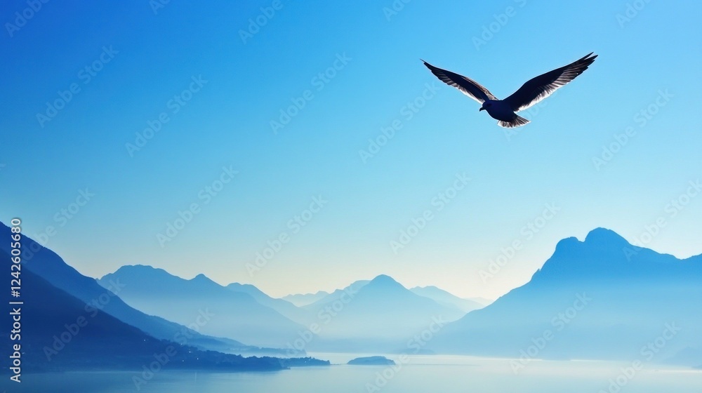 Majestic bird soaring above serene mountain lake, freedom concept Majestic bird soaring above serene mountain lake, freedom concept