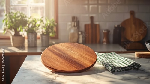 Sunny kitchen countertop, round wooden board, checkered cloth, cooking prep