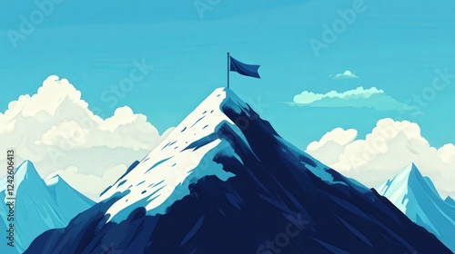 Summit Success: A stylized illustration of a snow-capped mountain peak with a flag planted at its summit, symbolizing achievement and reaching the top.  
