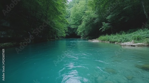 Serene Turquoise River Flowing Through Lush Green Forest