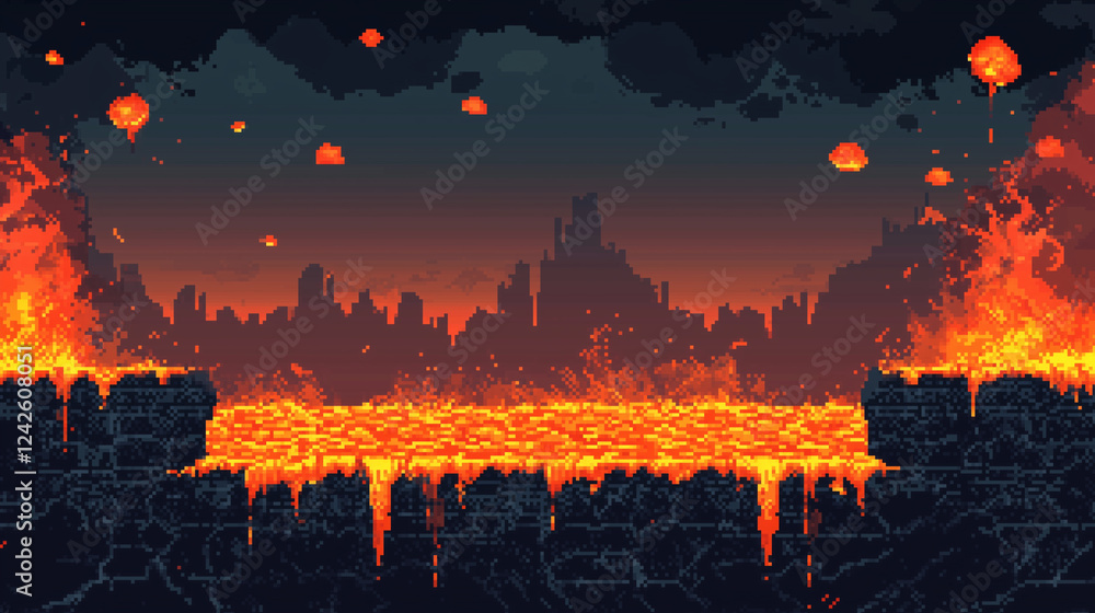 A Pixel Art lava level with glowing red-orange ground, black stone platforms, floating pixelated fireballs, dark ominous sky and 8-bit Retro game style, fire lava pixel art, Pixel Art Background A Pixel Art lava level with glowing red-orange ground, black stone platforms, floating pixelated fireballs, dark ominous sky and 8-bit Retro game style, fire lava pixel art, Pixel Art Background