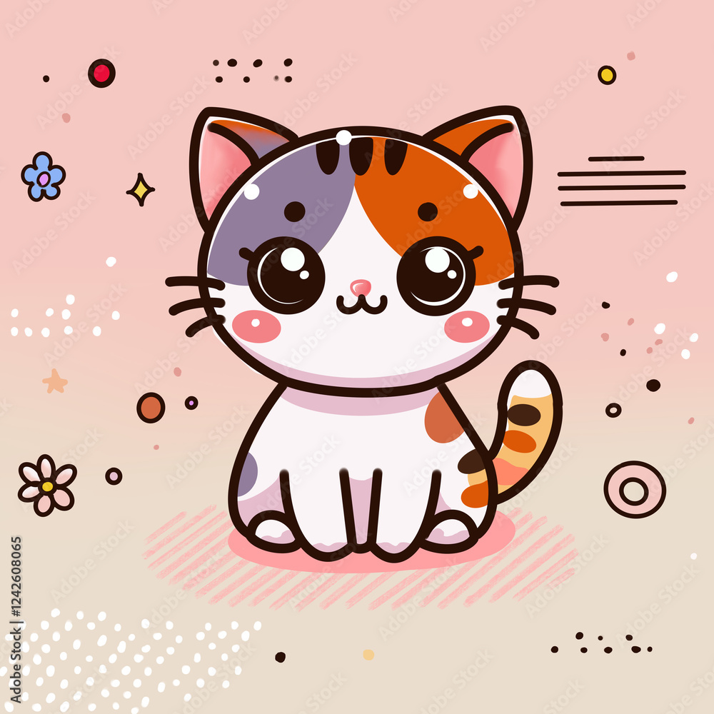 Adorable Kawaii Calico Cat with Playful Elements Adorable Kawaii Calico Cat with Playful Elements