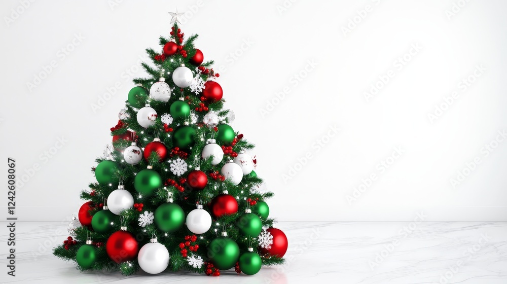 Festive Christmas Tree with Red and Green Ornaments - A beautifully decorated Christmas tree, symbolizing joy, celebration, family, winter, and the holiday season. Ornaments in red, green, and white. Festive Christmas Tree with Red and Green Ornaments - A beautifully decorated Christmas tree, symbolizing joy, celebration, family, winter, and the holiday season. Ornaments in red, green, and white.