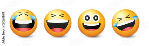 Laugh emoji face collection. Funny and happy round yellow emoticon