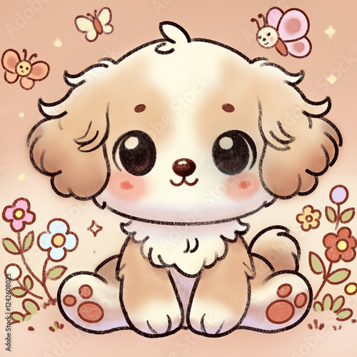 Adorable Fluffy Puppy with Butterflies and Flowers photo