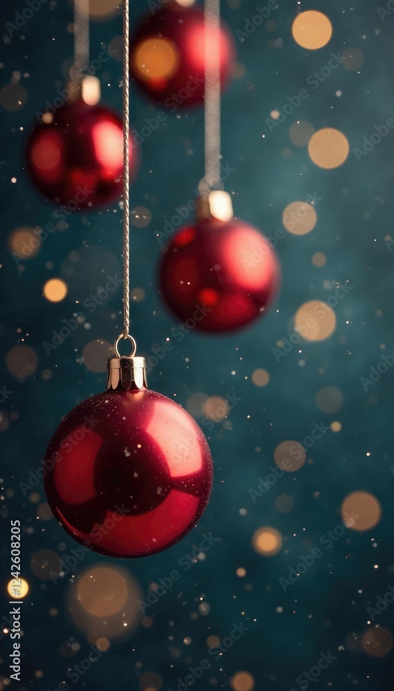 Red and black balls suspended in mid air on silver chains, Christmas decoration, holiday ornament Red and black balls suspended in mid air on silver chains, Christmas decoration, holiday ornament