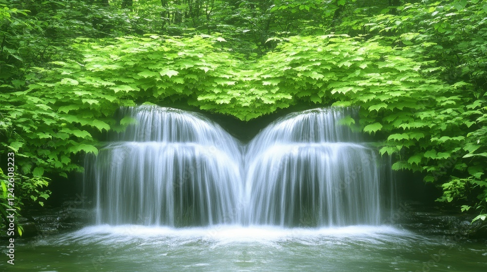 Fototapeta premium Serene Twin Waterfall Cascading Through Lush Green Foliage