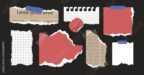 Torn paper and cut notebook modern collage with tape. Retro scarpbook element collection.