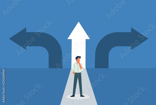 Businessman standing at a crossroads with arrows pointing in different directions, symbolizing decision-making, career choices, strategy, leadership, opportunity, and business growth.