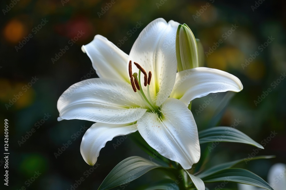 Fototapeta premium White lily blooming in a garden under the sunlight