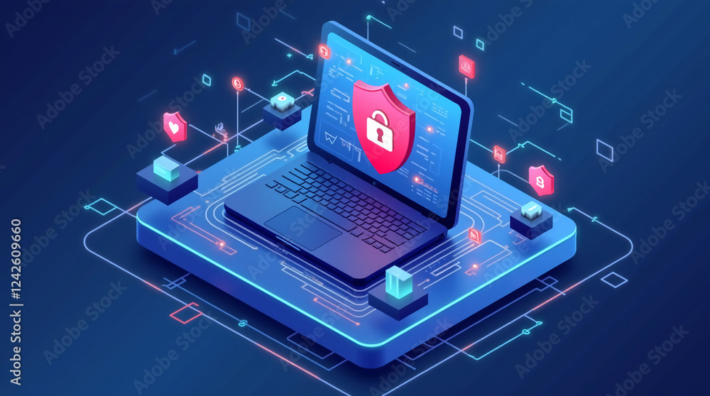 Isometric Cybersecurity Concept with Digital Shields Isometric Cybersecurity Concept with Digital Shields