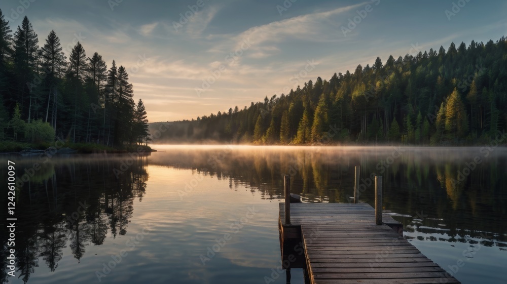Serene Sunrise Over Misty Lake and Wooden Dock Serene Sunrise Over Misty Lake and Wooden Dock