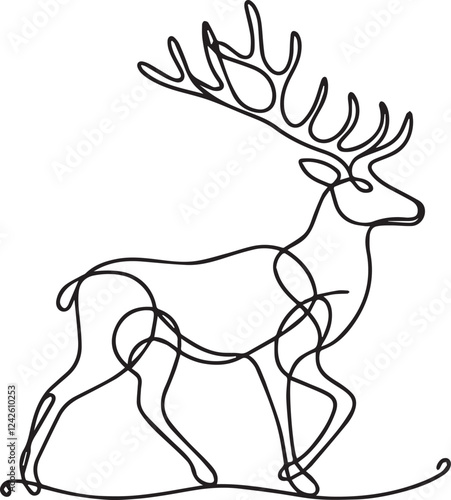 One continuous line drawing of christmas reindeer. Wild animal deer with antlers is dynamic silhouette in simple linear style. Elegance logo editable stroke. Doodle vector illustration
