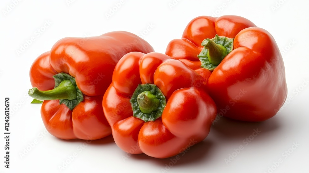Three ripe red bell peppers on white background, studio shot, healthy food ingredient, perfect for recipe websites or cookbooks Three ripe red bell peppers on white background, studio shot, healthy food ingredient, perfect for recipe websites or cookbooks