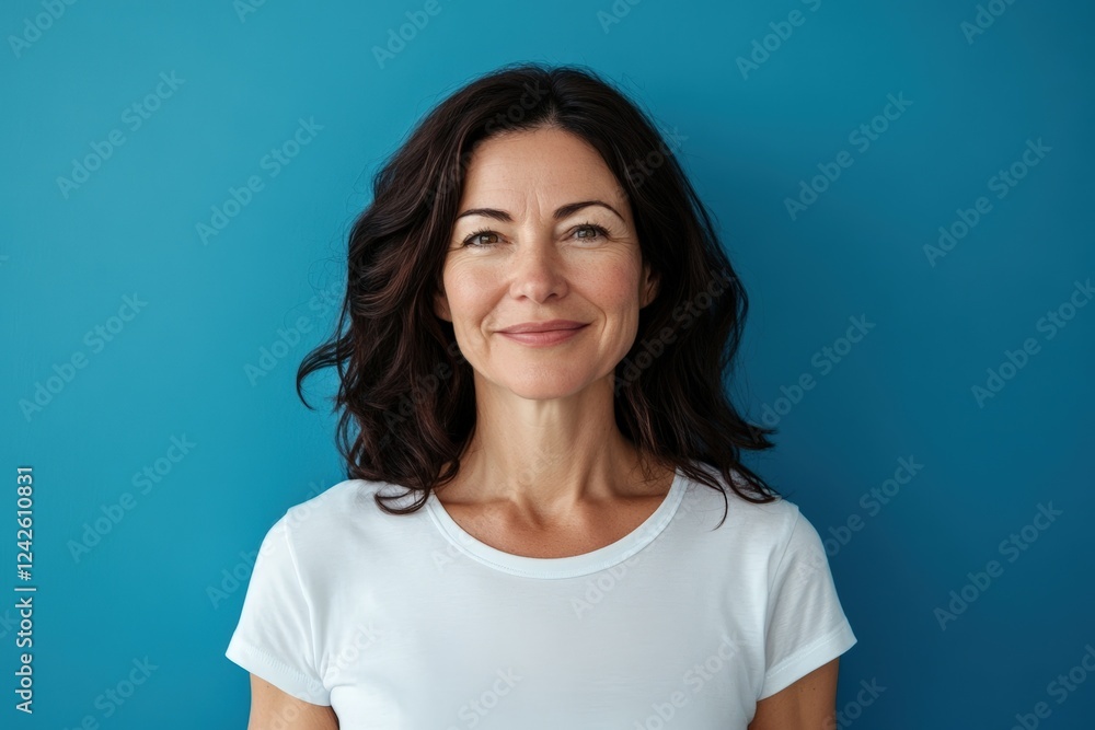 Elegant Brunette Woman Smiling Against a Vibrant Blue Background. Generative AI. Elegant Brunette Woman Smiling Against a Vibrant Blue Background. Generative AI.