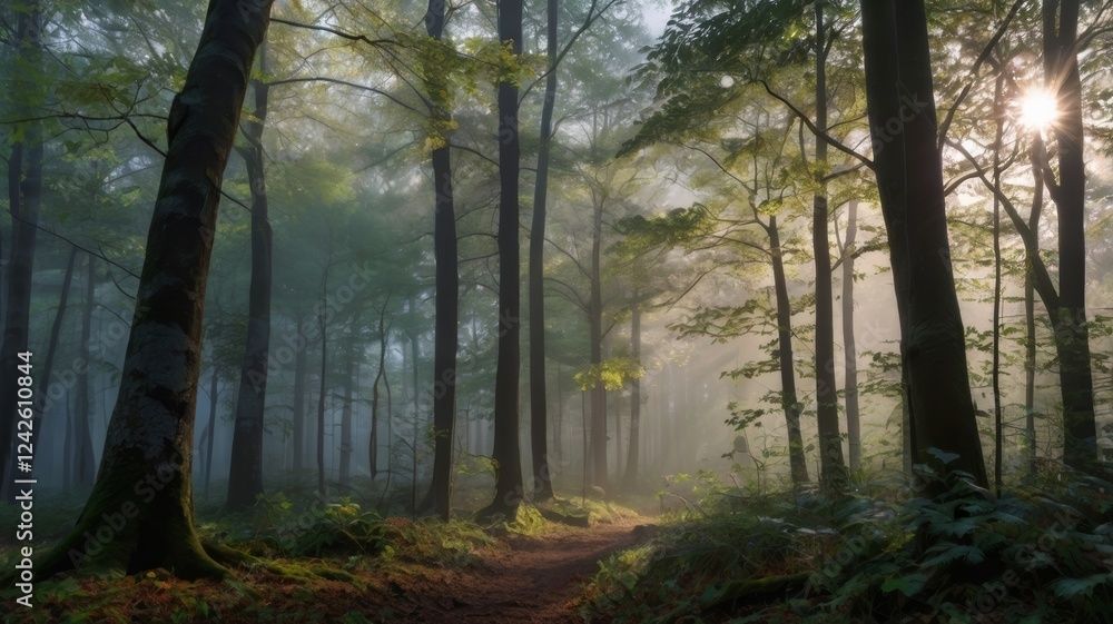 Sunlit Path Through Misty Forest: An Enchanting Woodland Scene Sunlit Path Through Misty Forest: An Enchanting Woodland Scene