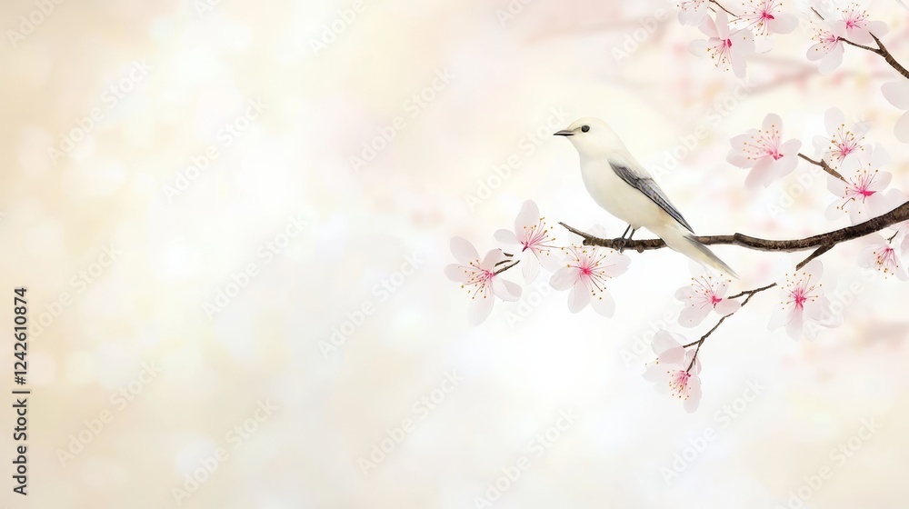 Serene White Bird on Blossom Branch, Springtime Scene Serene White Bird on Blossom Branch, Springtime Scene