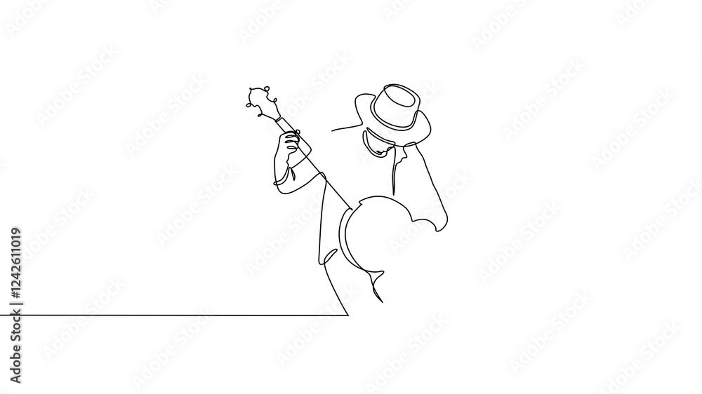 Continuous one line drawing animation of man playing banjo music. Stringed instrument with a thin membrane stretched. Minimalist design of simplicity minimalism. Animation video Continuous one line drawing animation of man playing banjo music. Stringed instrument with a thin membrane stretched. Minimalist design of simplicity minimalism. Animation video