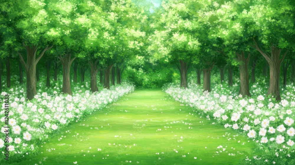 Fototapeta premium Serene White Blossoms Path Green Forest Trees Sunlight