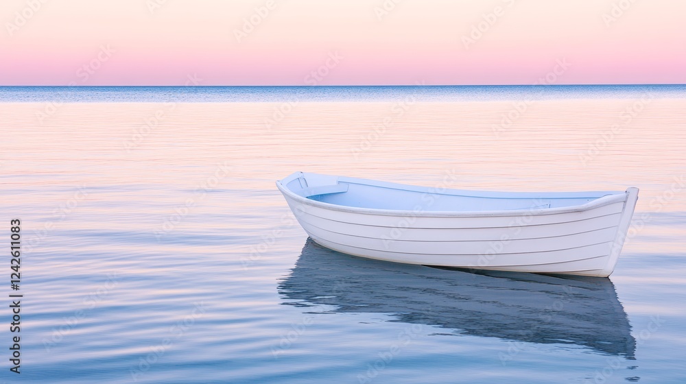 Naklejka premium Serene White Boat at Peaceful Sunset Seascape