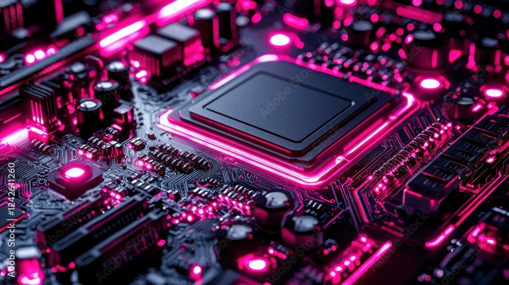 Obraz premium Pink-lit CPU on Motherboard, Tech Background, Computer Hardware