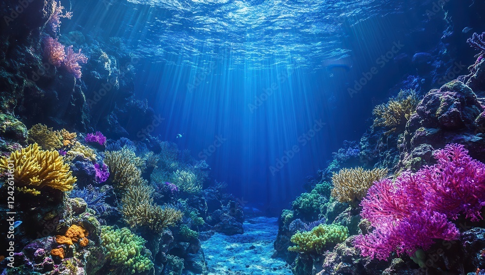Naklejka premium Submerged Serenity: An underwater world of vibrant coral reefs and shimmering sunlight, capturing the beauty and mystery of the ocean depths. 