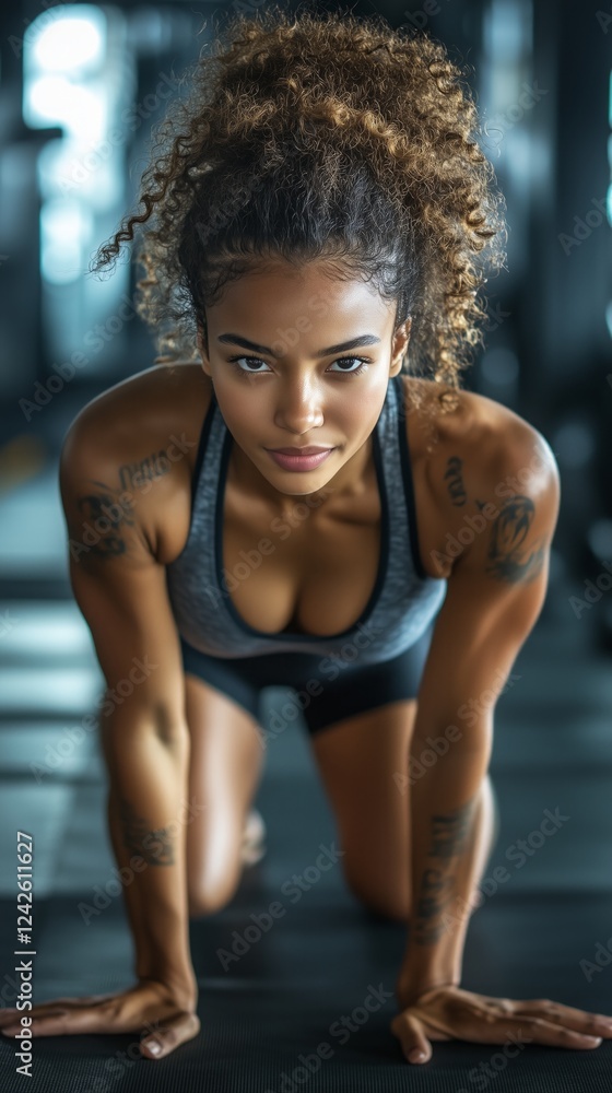 Fototapeta premium Young afro american woman getting ready for exercising on yoga mat in gym