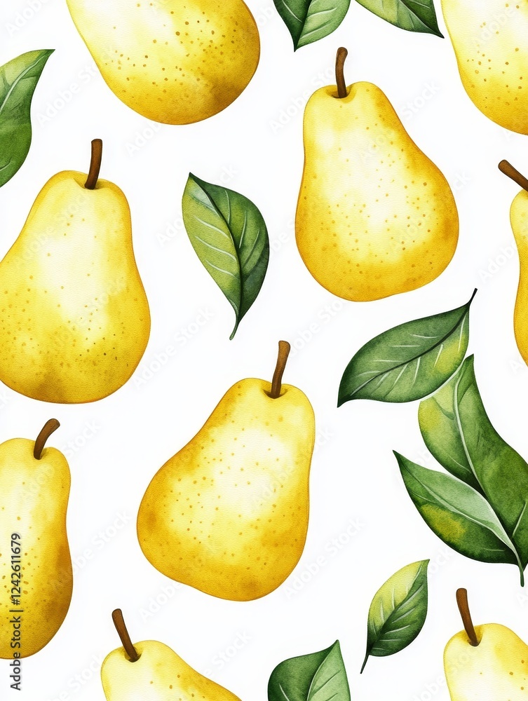 Obraz premium Watercolor Pears and Leaves Pattern - A delightful pattern featuring juicy yellow pears and vibrant green leaves, perfect for adding a touch of freshness to your designs.