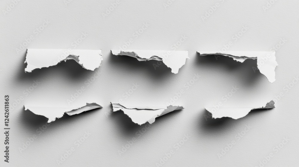 Collection of Torn White Paper Scraps on Grey Background Collection of Torn White Paper Scraps on Grey Background