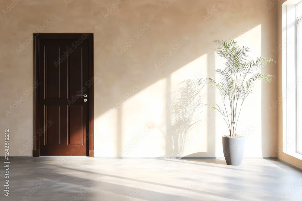 Fototapeta premium Bright entrance area with a plant and wooden door in contemporary interior design