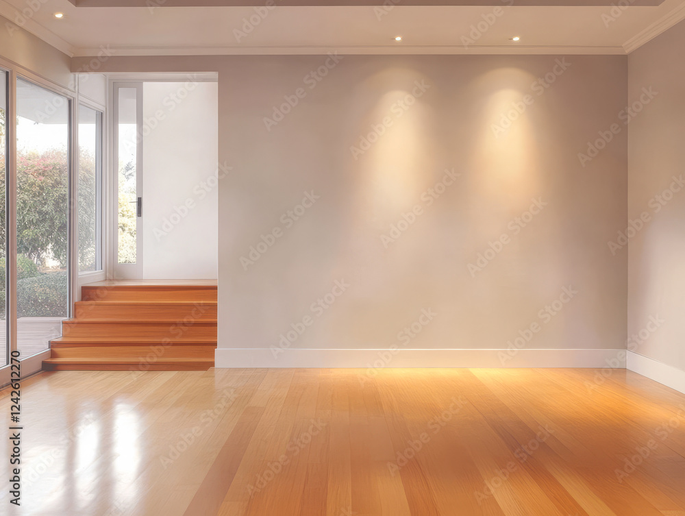 Fototapeta premium Spacious living area with wooden flooring and large windows in modern home