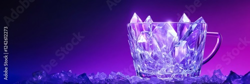 Crystal Glass Cup on Ice - A glass cup filled with ice crystals sits on a bed of ice, illuminated by vibrant purple and blue lighting.  A modern, abstract image. photo