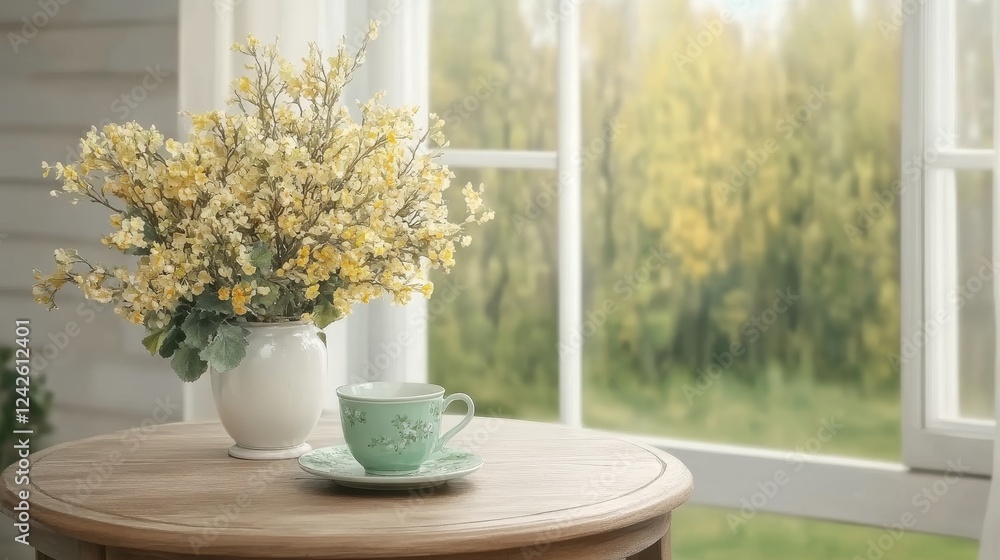 Serene Window View with Yellow Flowers and Teacup Serene Window View with Yellow Flowers and Teacup