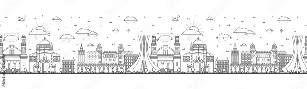 Seamless pattern with Outline Algiers Algeria city skyline with modern and historic buildings isolated on white. Algiers cityscape with landmarks. Seamless pattern with Outline Algiers Algeria city skyline with modern and historic buildings isolated on white. Algiers cityscape with landmarks.
