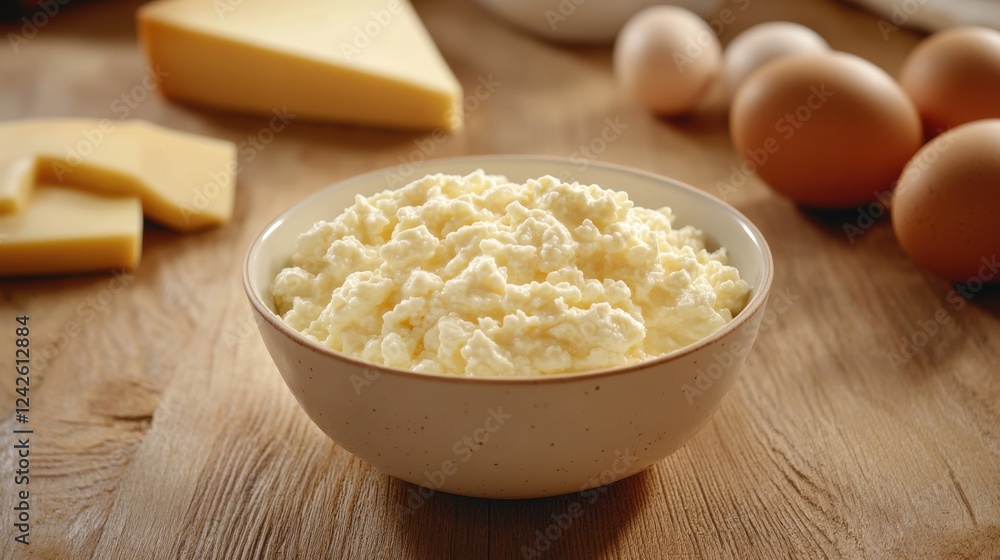 Beautiful aesthetic background with fresh raw farm food: eggs, cottage cheese, camembert cheese. Idea for healthy protein food, fermented milk. Healthy nutrition, concept for farm products, organic fo Beautiful aesthetic background with fresh raw farm food: eggs, cottage cheese, camembert cheese. Idea for healthy protein food, fermented milk. Healthy nutrition, concept for farm products, organic fo