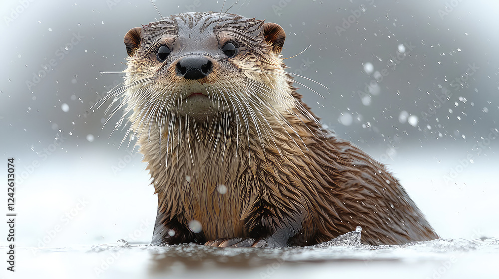 Close-up of a wet otter in snowy water, looking directly at the camera. Close-up of a wet otter in snowy water, looking directly at the camera.