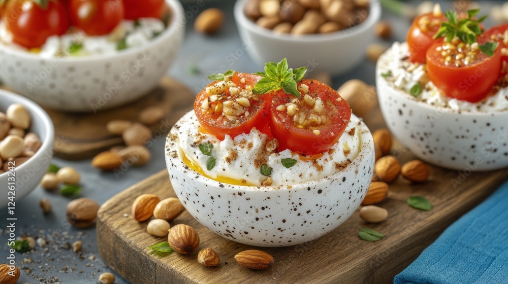 Close up of Roasted Cherry Tomatoes with Goat Cheese and Toasted Almonds Close up of Roasted Cherry Tomatoes with Goat Cheese and Toasted Almonds