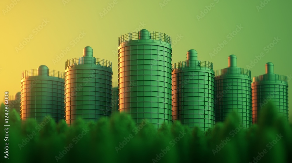 Industrial silos at sunset in green tones Industrial silos at sunset in green tones