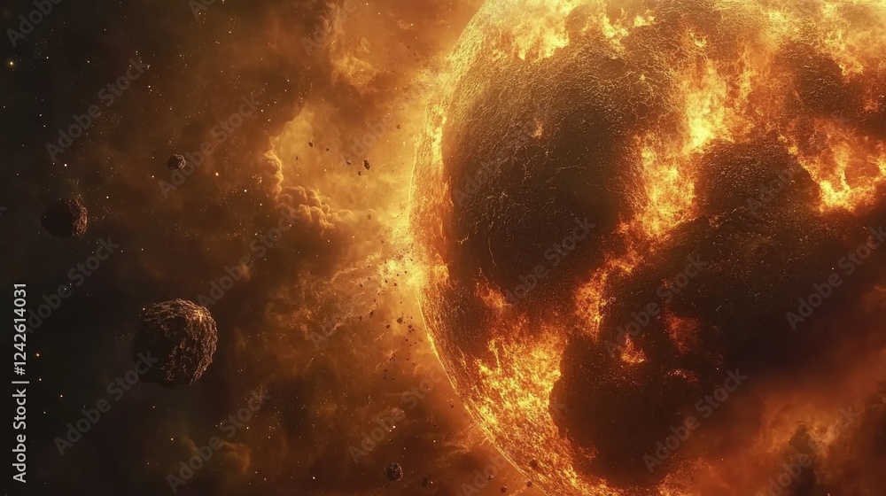 Obraz premium Fiery Cosmic Planet Explosion in Space