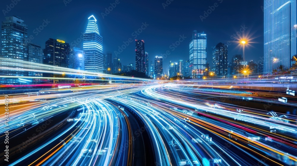 Fototapeta premium Dynamic Cityscape with Light Trails at Night